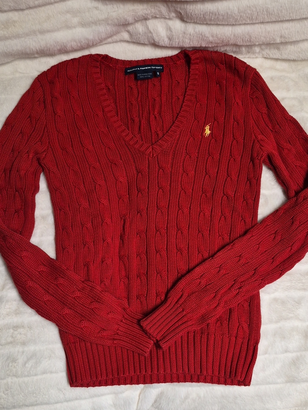 Ralph Lauren Red Cable V-Neck Sweater with Gold Pony
